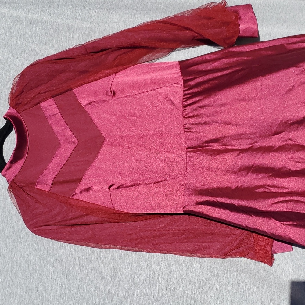 Crimson red floor length gown. Modest clothing covering from neck down. Size 46.